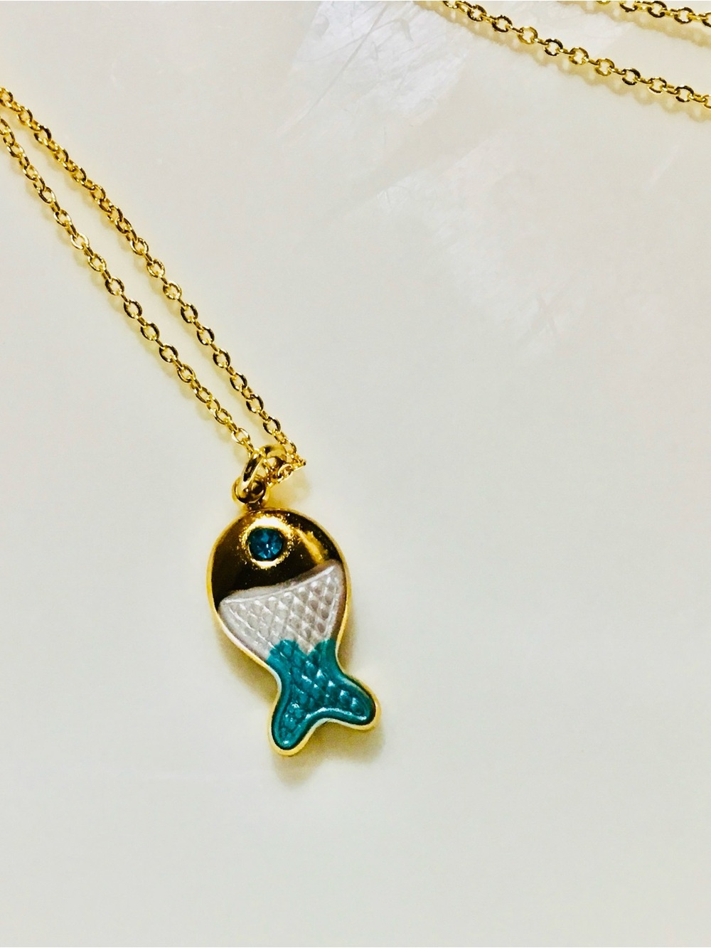 Gold Tone Fish Pendant Necklace with Teal and White Enamel